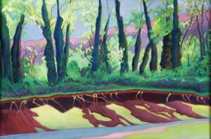 painting of an exposed riverside with green grass and trees on the flat above the riverbed