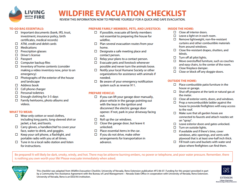 Wildfire evacuation checklist