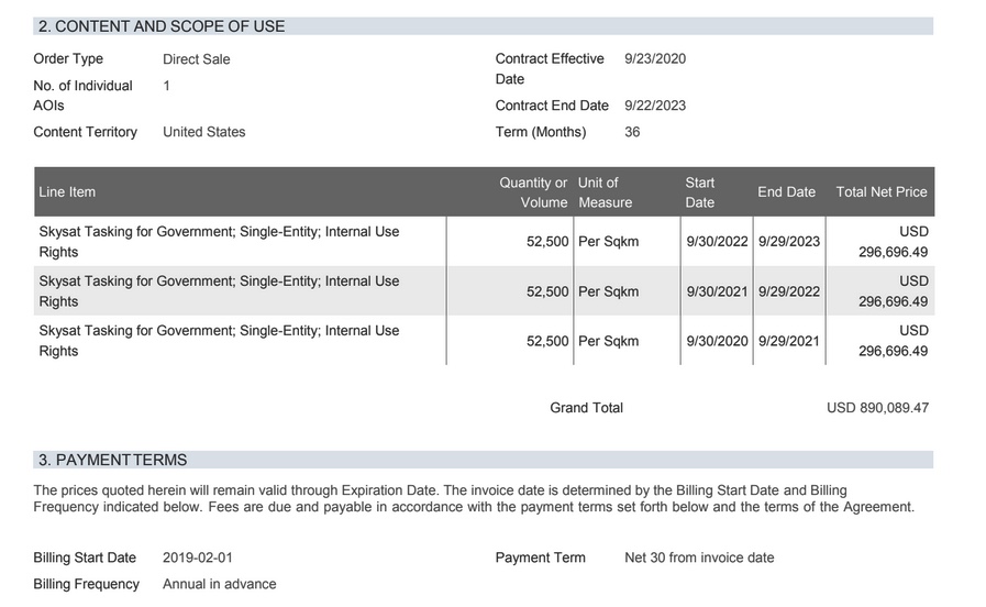 (Screengrab from PlanetLabs offer for satellite abatement contract obtained by a public records request)