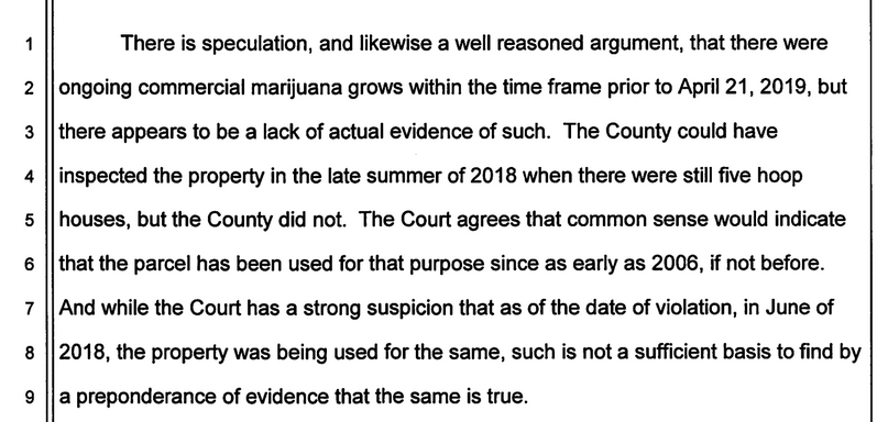 (A screenshot of a 2021 appeal of an appeal hearing at the Humboldt County Superior Court, where Judge Kelly Neal ruled greenhouses are not “actual evidence” of cannabis. Note: This case is not related to the plaintiffs or IJ lawsuit.)