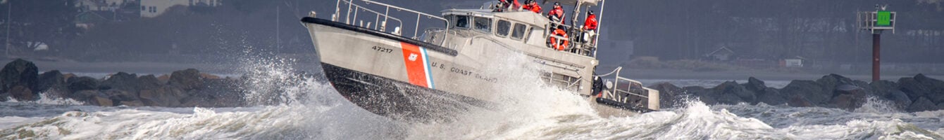 Coast Guard Sector Humboldt Bay took advantage of a break in the storm to send a 47 foot motor lifeboat out into the channel of Humboldt bay for some high surf training.