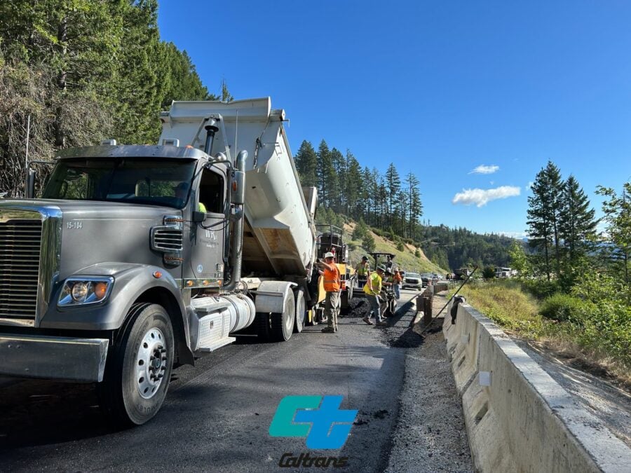 Sunshine illuminates newly paved roadway at Buckhorn Summit, where Caltrans crews are wrapping up the major phases of an emergency slide repair project that has affected State Route 299 travelers for months. 