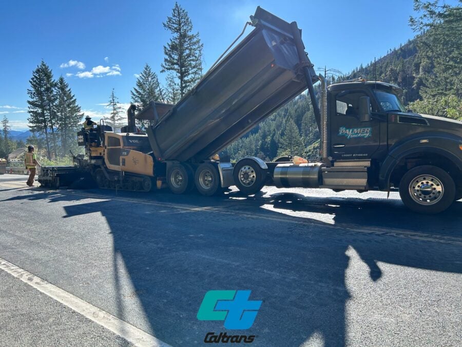 Sunshine illuminates newly paved roadway at Buckhorn Summit, where Caltrans crews are wrapping up the major phases of an emergency slide repair project that has affected State Route 299 travelers for months. 