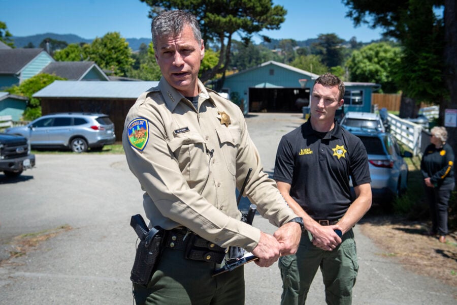 Sheriff Honsal addresses members of the media and community outside of Miranda’s Rescue in Fortuna.