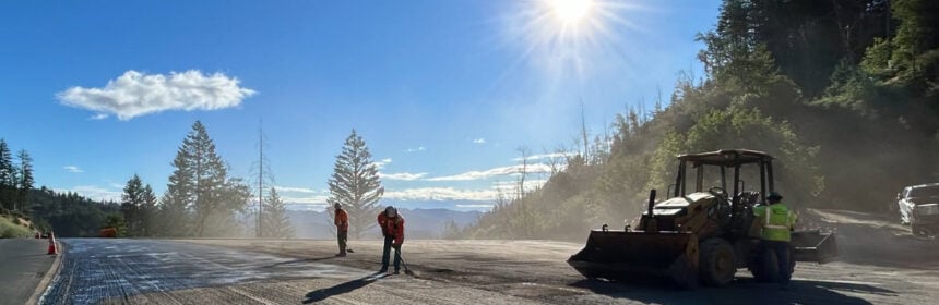 Sunshine illuminates newly paved roadway at Buckhorn Summit, where Caltrans crews are wrapping up the major phases of an emergency slide repair project that has affected State Route 299 travelers for months. (Photo: Caltrans District 2)