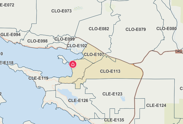Screenshot of the Genasys Map showing the areas under evacuation warning in yellow.
