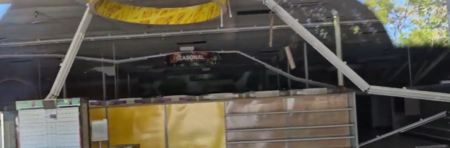 Lights hanging from closed Rite Aid location in Willits [Screenshot from video by Joe Herrera]