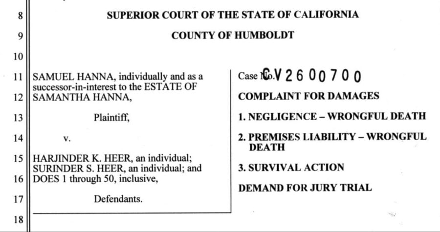 Cover page of the civil suit filed against the Lamplighter Motel owners listed three causes of action related to the death of Samantha Hanna.