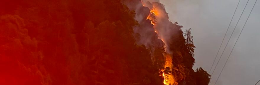 Fire streams up a steep cliff near State Route 96 this morning.