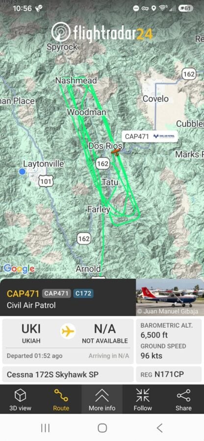 Flightpath of the search plane.